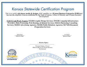 Woman Business Enterprise (WBE) State of Kansas, Office of Minority and Women Business Development official certification