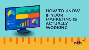 turquoise banner containing a monitor showing various types of graphs/charts next to navy blue left-aligned uppercase text: HOW TO KNOW IF YOUR MARKETING IS ACTUALLY WORKING - a yellow ruler is going across the bottom of the graphic