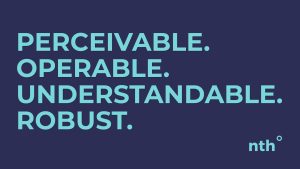 Light Turquoise ALL CAPS text Perceivable. Operable. Understandable. Robust. on a dark blue background